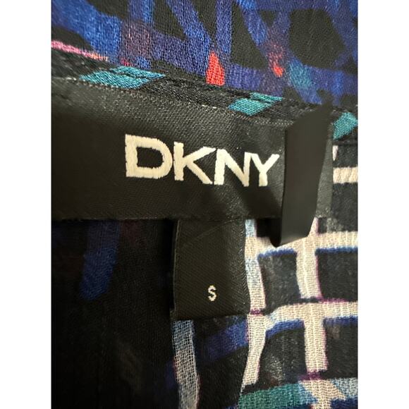 DKNY Blue Multicolor Striped Long Balloon Sleeve Sheer Peplum Wrap Blouse Top S - Picture 4 of 4